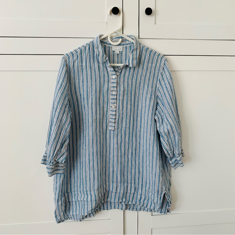 J.Jill Love Linen Blue Stripe Henley Blouse Size Large